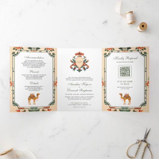 ヴィンテージク王室のレラクメルインディアンヒンドゥー結婚ズ 三つ折り招待状 (内部)