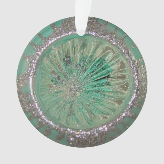 ヴィンテージグラスクリスマスボール霜の降りたティール(緑がかった色)氷 オーナメント (正面)