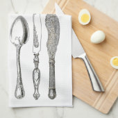 ヴィンテージグラフィックシルバーウェアカトラリー キッチンタオル (四つ折り)