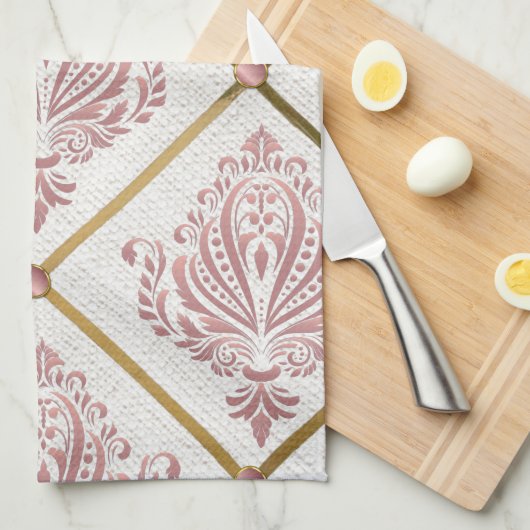 ヴィンテージグラマーバラマウブダマスクオンホワイトリネン キッチンタオル (四つ折り)