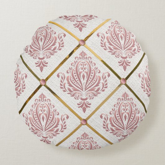 ヴィンテージグラマーバラマウブダマスクオンホワイトリネン ラウンドクッション (正面)