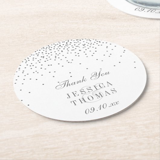 ヴィンテージグラムシルバー結婚紙吹雪 ラウンドペーパーコースター (アングル)