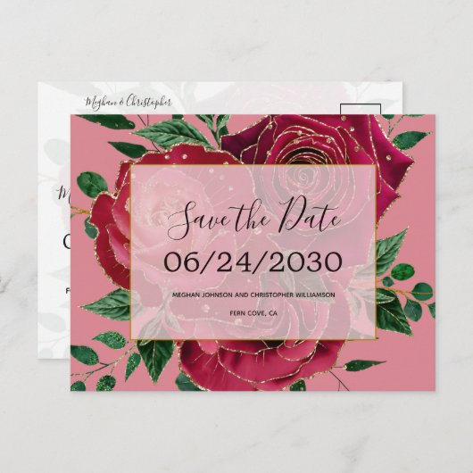ヴィンテージグラムレッドピンクローズウェディング日付を保存 案内ポストカード (正面/裏面)