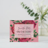 ヴィンテージグラムレッドピンクローズウェディング日付を保存 案内ポストカード (スタンド正面)