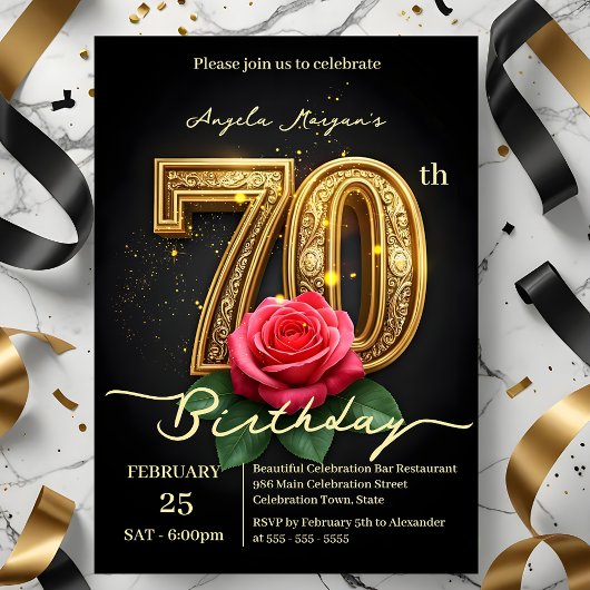 ヴィンテージグラモールレッドローズ金ゴールド第70誕生日 招待状