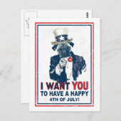 ヴィンテージグランジアンクルサム・プグ7月4日 ポストカード (正面/裏面)