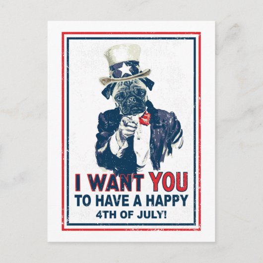 ヴィンテージグランジアンクルサム・プグ7月4日 ポストカード (正面)