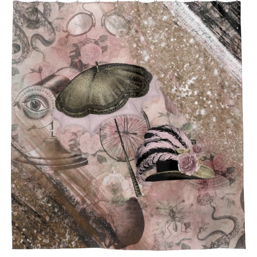 ヴィンテージグランジステームパンクビクトリアングラムハット シャワーカーテン (正面)