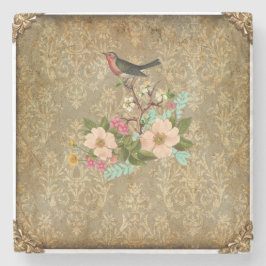 ヴィンテージグランジダマスクフローラ茶ビクトリアン鳥 ストーンコースター