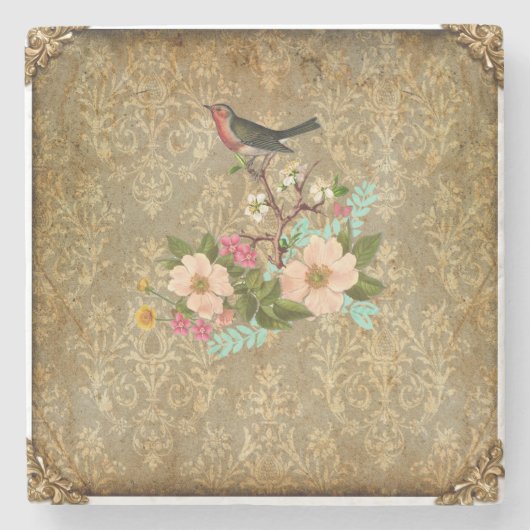 ヴィンテージグランジダマスクフローラ茶ビクトリアン鳥 ストーンコースター (正面)