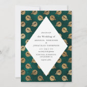 ヴィンテージグランジティール(緑がかった色)金ゴールドピーコッ結婚クス 招待状 (正面)