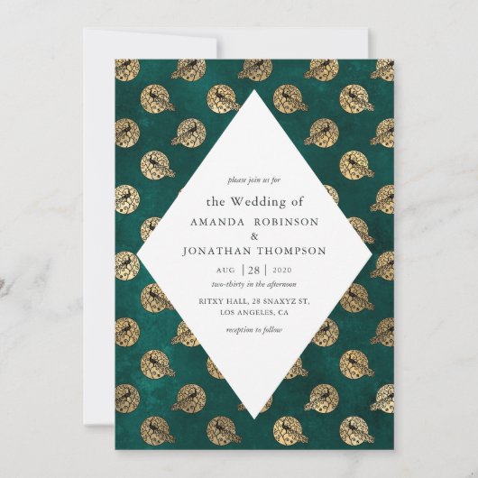 ヴィンテージグランジティール(緑がかった色)金ゴールドピーコッ結婚クス 招待状 (正面)