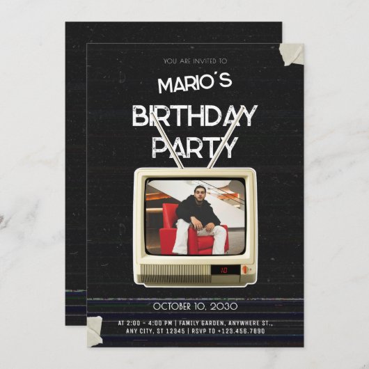 ヴィンテージグランジテレビの誕生日 招待状 (正面/裏面)