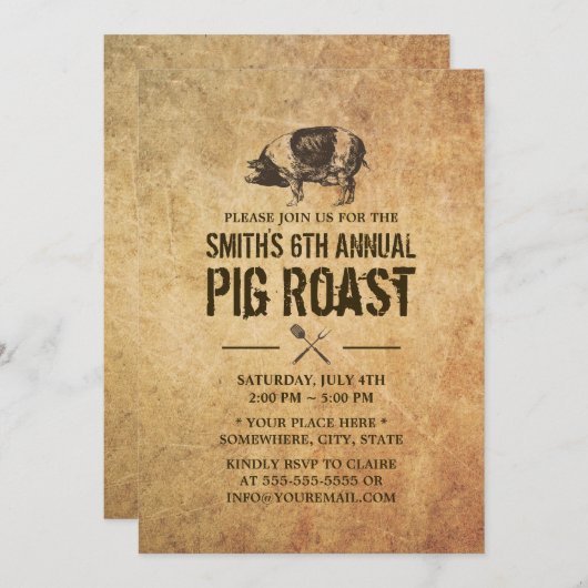 ヴィンテージグランジピグローストBBQパーティの招待状 招待状 (正面/裏面)
