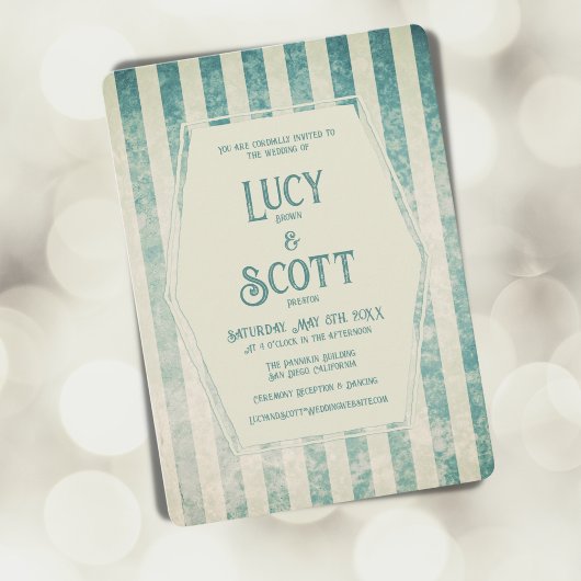 ヴィンテージグランジベージュ色ストライプ幾何結婚ティール(緑がかった色) 招待状