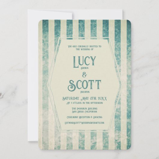 ヴィンテージグランジベージュ色ストライプ幾何結婚ティール(緑がかった色) 招待状 (正面)