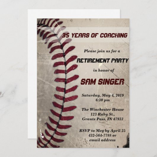 ヴィンテージグランジベースボールコーチ退職誕生日 招待状 (正面/裏面)