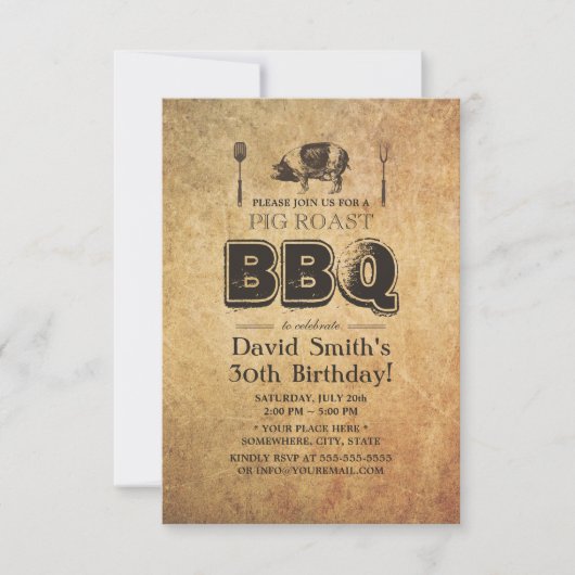ヴィンテージグランジラスティピグローストBBQバースデーパーティー 招待状 (正面)