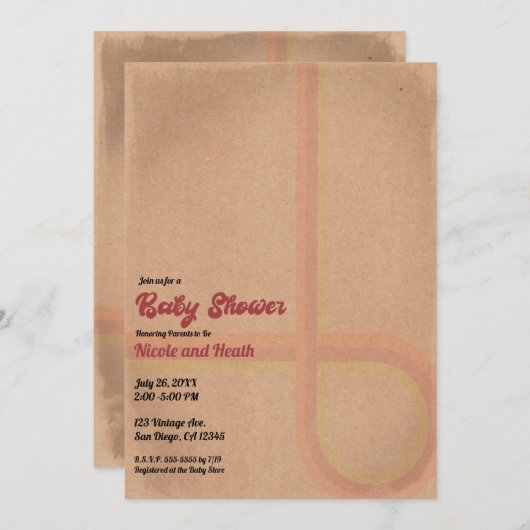 ヴィンテージグランジレトロ60年代70年代のベビーシャワー 招待状 (正面/裏面)