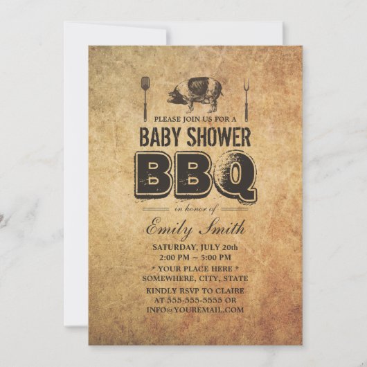 ヴィンテージグランジ豚ローストベビーシャワーBBQ 招待状 (正面)