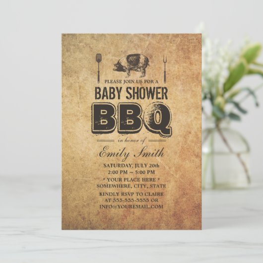 ヴィンテージグランジ豚ローストベビーシャワーBBQ 招待状 (スタンド正面)