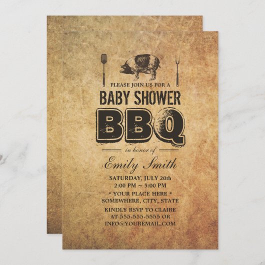 ヴィンテージグランジ豚ローストベビーシャワーBBQ 招待状 (正面/裏面)
