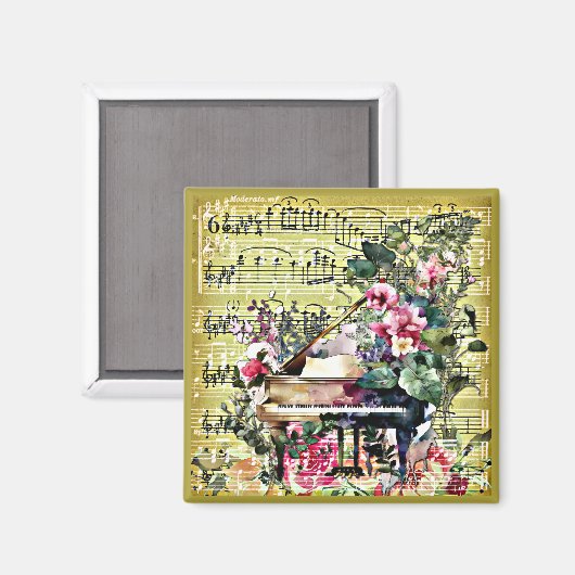 ヴィンテージグランドピアノとフローラデザイン マグネット (正面/裏面)