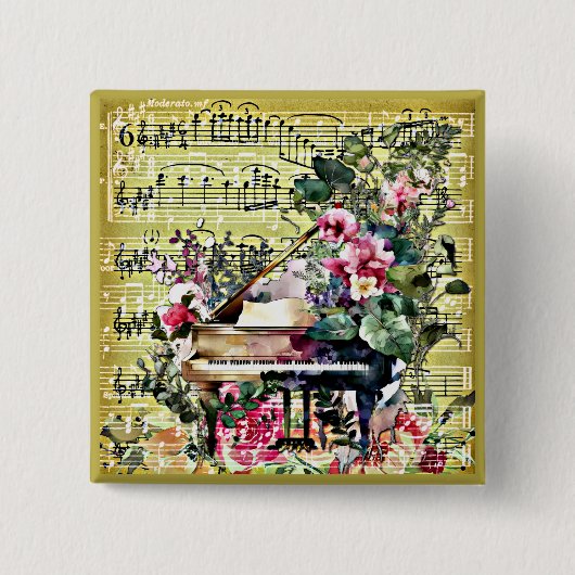ヴィンテージグランドピアノとフローラデザイン 缶バッジ (正面)