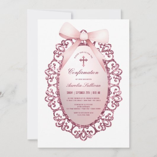 ヴィンテージグリッターフレームピンクボウの確認 招待状 (正面)