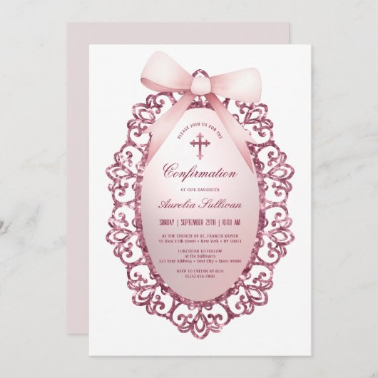 ヴィンテージグリッターフレームピンクボウの確認 招待状 (正面/裏面)