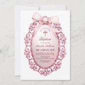 ヴィンテージグリッターフレームピンクボウバプテスマ 招待状 (正面)