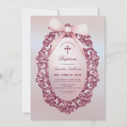 ヴィンテージグリッターフレームピンクボウフェイクフォイルバプテスマ 招待状 (正面)
