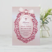 ヴィンテージグリッターフレームピンクボウフェイクフォイルバプテスマ 招待状 (スタンド正面)
