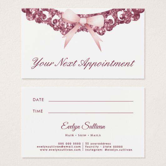 ヴィンテージグリッター枠ピンクボウアポイントメントカード (正面&裏面)