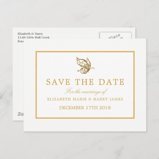 ヴィンテージグリッター蝶ウェディングデートを保存 案内ポストカード (正面/裏面)