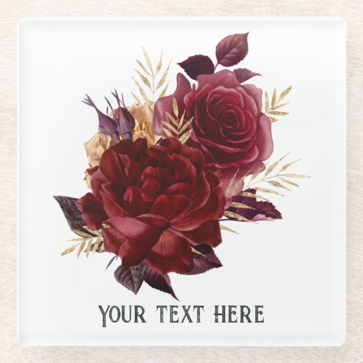 ヴィンテージグリモアールブルゴーニュと金ゴールドフローラ ガラスコースター (正面)