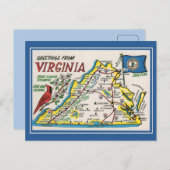ヴィンテージグリーティングバージニア地図州花、鳥 ポストカード (正面/裏面)
