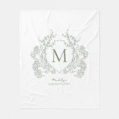 ヴィンテージグリーナリーセージ緑フローラクレストモノグラム フリースブランケット (正面)