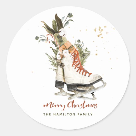 ヴィンテージグリーナリーボホクリスマス水彩画 ラウンドシール (正面)