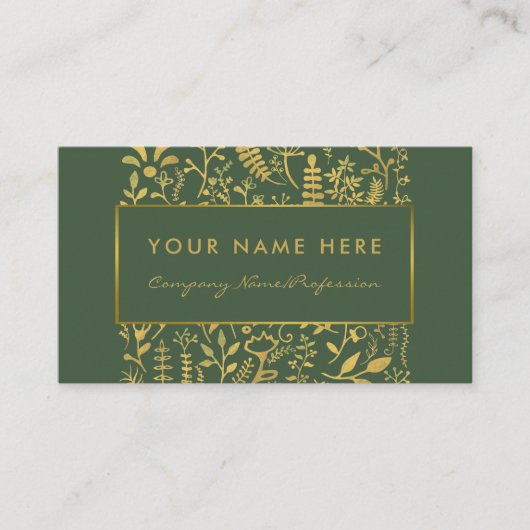 ヴィンテージグリーンおよびゴールドフォイルリーフエフェクト 名刺 (正面)