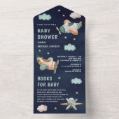 ヴィンテージグリーンかわいい飛行機海軍ブルーベビーシャワー オールインワン招待状 (内側)