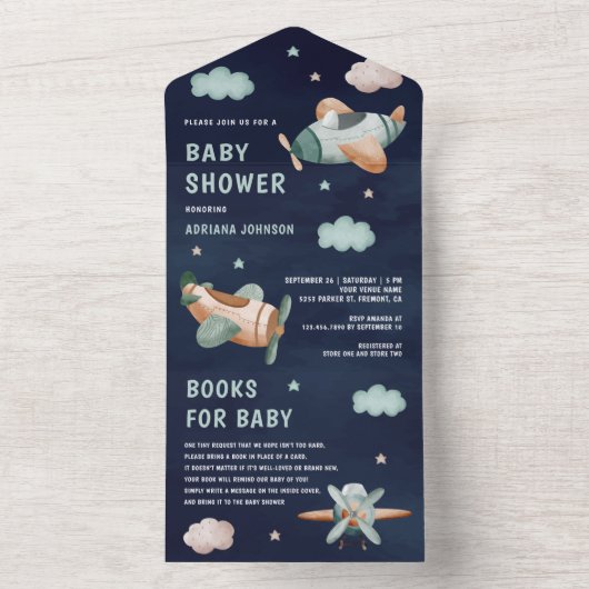 ヴィンテージグリーンかわいい飛行機海軍ブルーベビーシャワー オールインワン招待状 (内側)