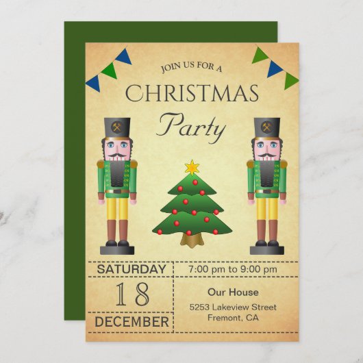 ヴィンテージグリーンくるみ割りカーホリデークリスマスパーティー 招待状 (正面/裏面)