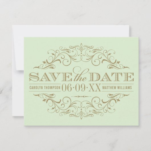 ヴィンテージグリーンとアンティーク金ゴールドフローリッ結婚シュ セーブザデート (正面)