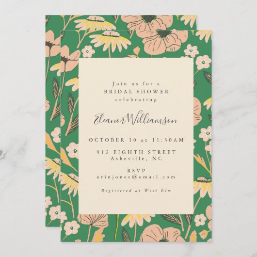 ヴィンテージグリーンとピンクのフローラシンプルブライダルシャワー 招待状 (正面/裏面)