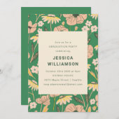 ヴィンテージグリーンとピンクのフローラ卒業パーティー 招待状 (正面/裏面)