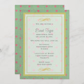 ヴィンテージグリーンとピンク水玉模様汎用パーティー 招待状 (正面/裏面)