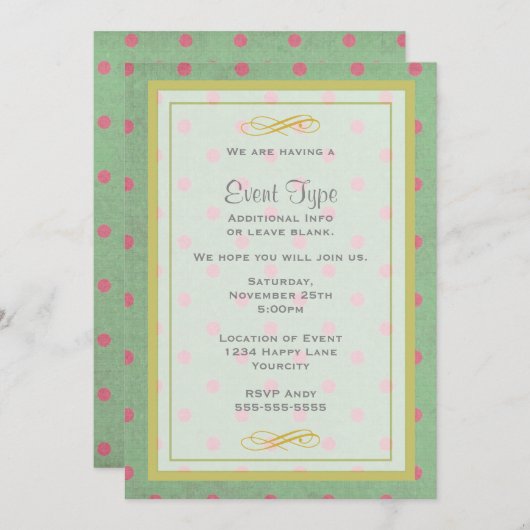 ヴィンテージグリーンとピンク水玉模様汎用パーティー 招待状 (正面/裏面)