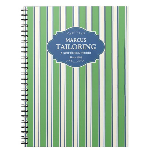 ヴィンテージグリーンとブルーのストライプロパーソナライズされたゴ ノートブック (正面)