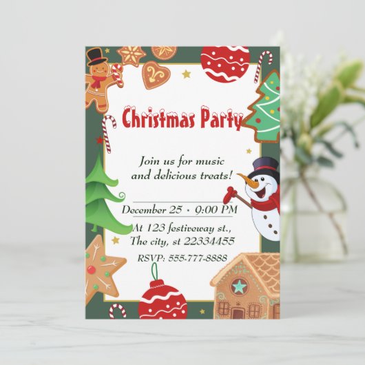ヴィンテージグリーンとホワイトクリスマスパーティー 招待状 (スタンド正面)